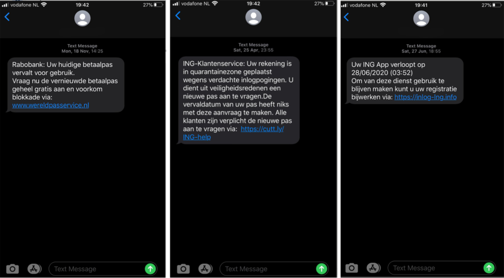 Dutch smishing examples: 3 SMS phishing messages received by an employee in the Netherlands