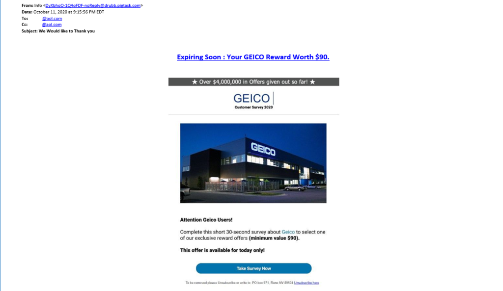 Geico phishing email example