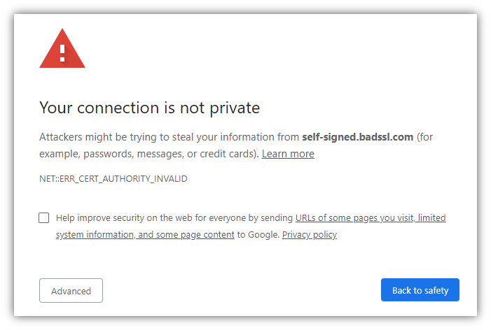 HTTPS warning for untrusted certificate.