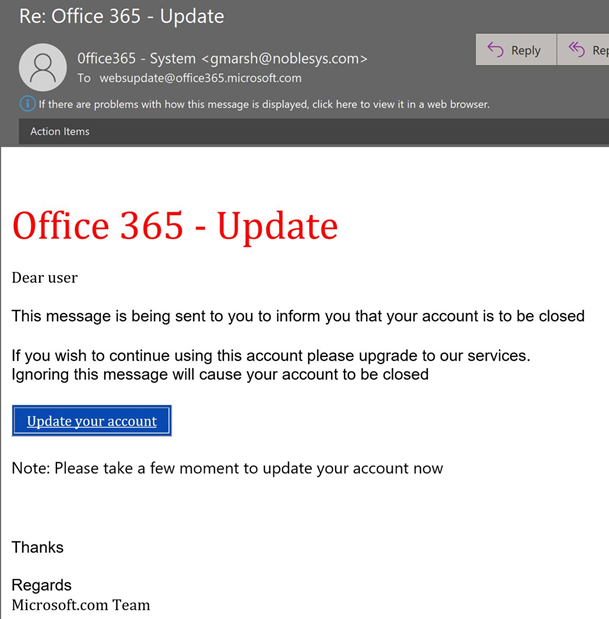 Microsoft Office 365 phishing email example screenshot
