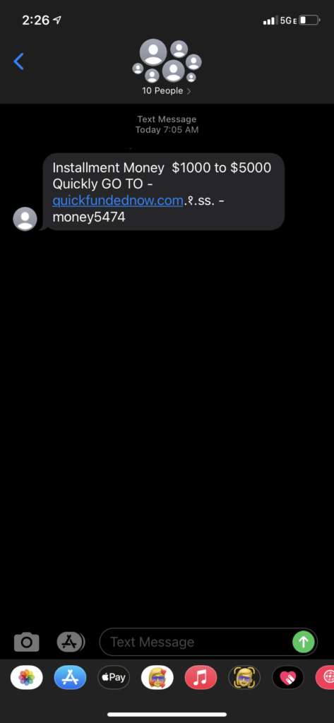 A screenshot of a smishing money scam