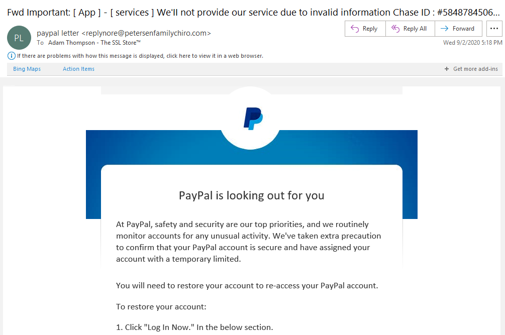 PayPal phishing email example screenshot