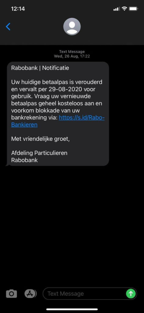 A Dutch SMS phishing (smishing) message impersonating Rabobank