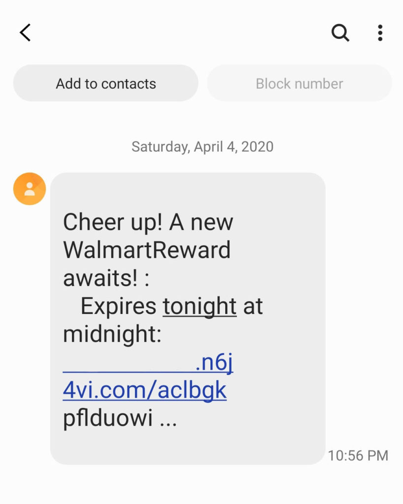 A Walmart smishing / SMS phishing message