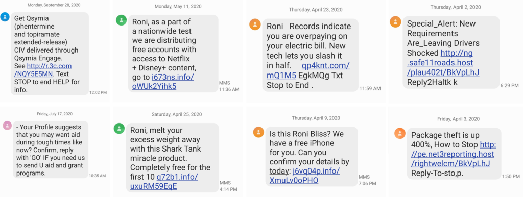 A series of 8 SMS phishing screenshots showcasing different smishing messages