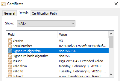 Digital signature on an SSL certificate.