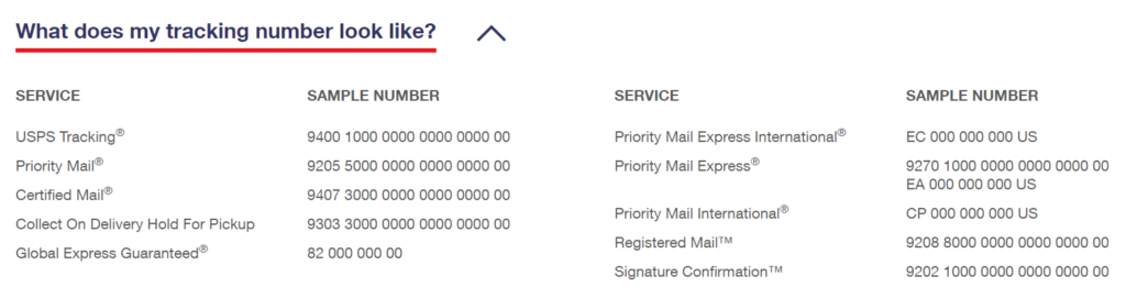 A screenshot of USPS tracking delivery numbers and related information