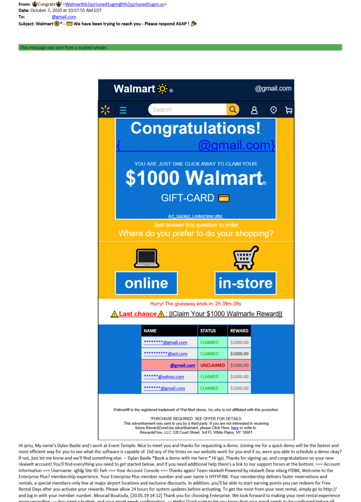 A screenshot of one of those annoying Walmart scam phishing email examples