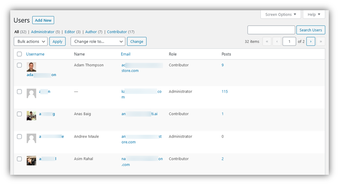 Screenshot of WordPress's user roles for access privileges