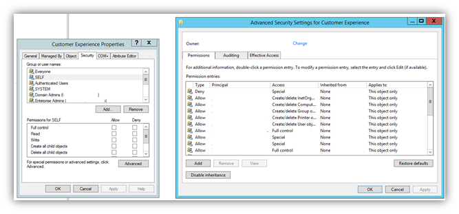 Screenshot of Active Directory permission settings