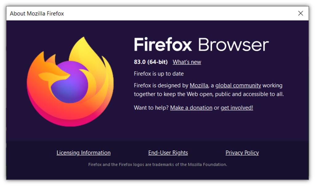 Thông tin phiên bản trình duyệt Firefox 83 cho bài viết về Chế độ chỉ HTTPS mới của trình duyệt