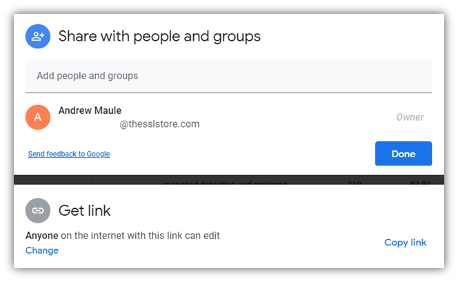 Screenshot of a Google Docs window to share a document