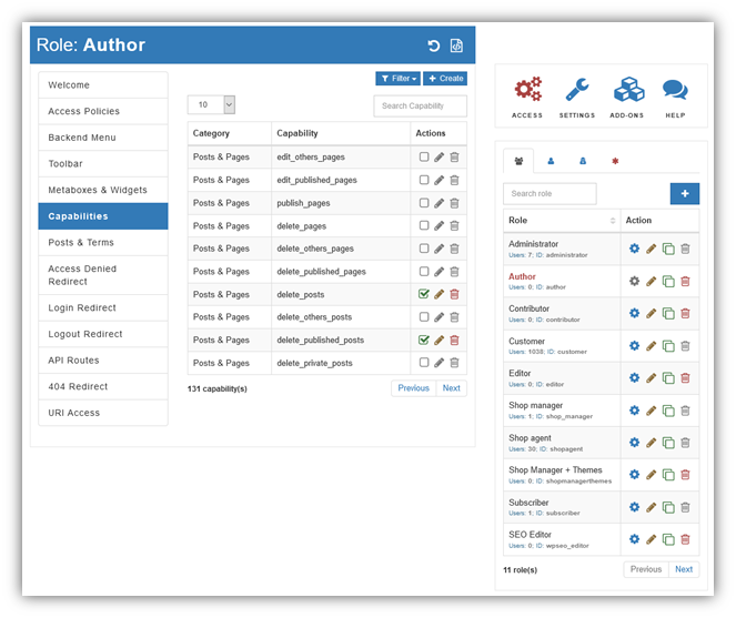 Screenshot of the AAM WordPress plugin role access control dashboard