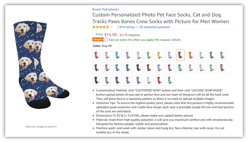 asymmetric vs symmetric encryption graphic: A screenshot of a pair of dog face socks on amazon