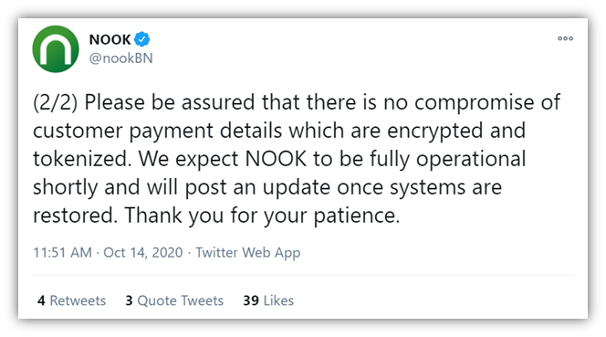 Recent ransomware attacks graphic: It's a screenshot of the second tweet from the official Barnes & Noble NOOK account about the latest ransomware attack