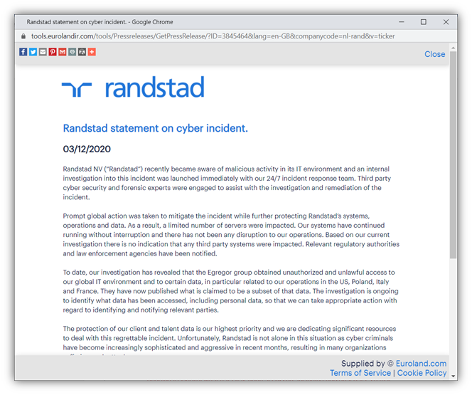 Recent ransomware attack graphic is a screenshot of the official statement from Randstad