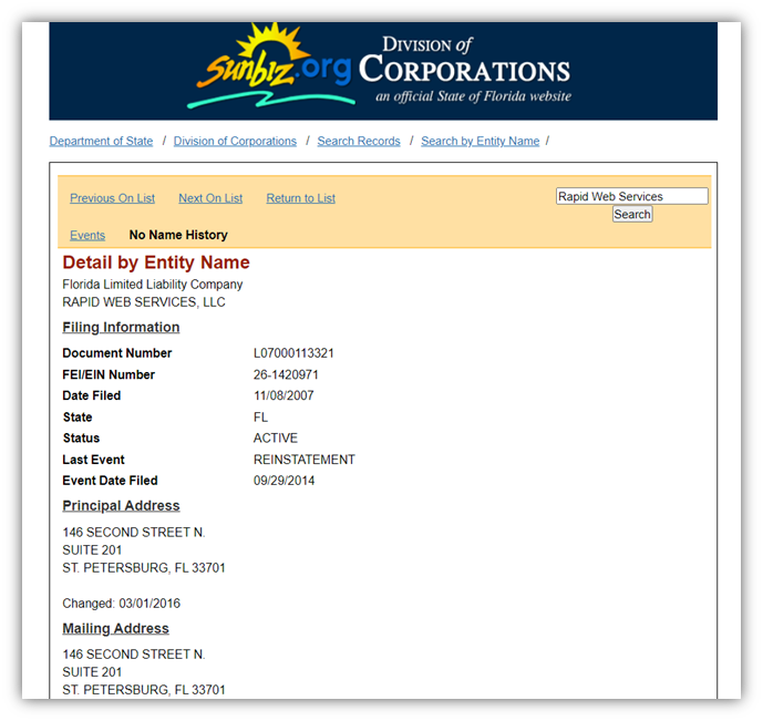 A screenshot of a business's details on the Florida Division of Corporations website