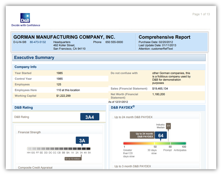 A screenshot of an example Dun & Bradstreet business report