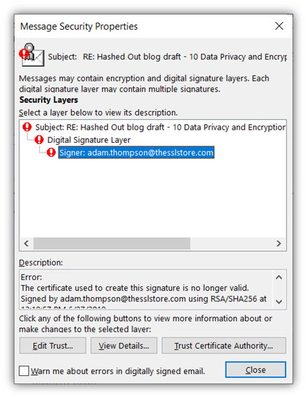 An email in Outlook can't assert verifiable digital identity due to a certificate error (it's no longer valid)