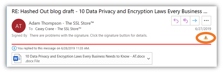 An expired email signing certificate and digital signature warning in Outlook