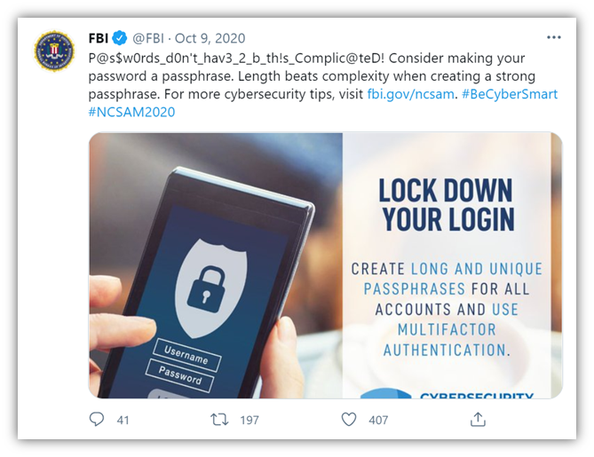 A screenshot of an FBI Twitter post emphasizing passphrases over complex passwords.