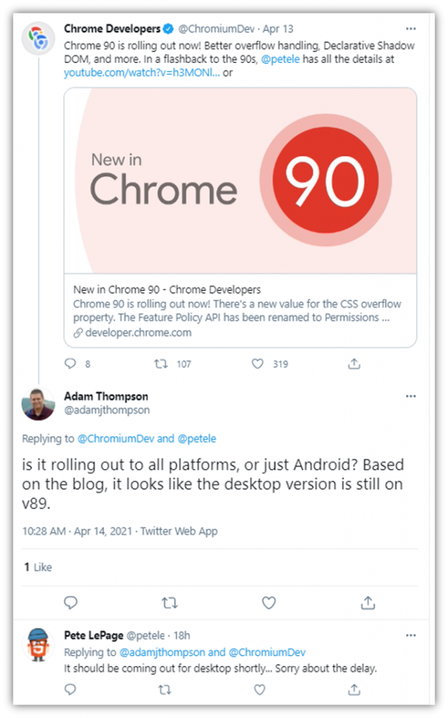 A Twitter exchange between TheSSLStore.com's Adam Thompson and Pete LePage regarding Google's Chrome 90 update