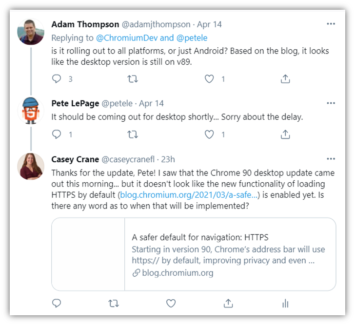 Theo dõi cuộc trao đổi trên Twitter giữa Adam Thompson và Pete LePage của TheSSLStore.com về bản cập nhật Chrome 90 của Google