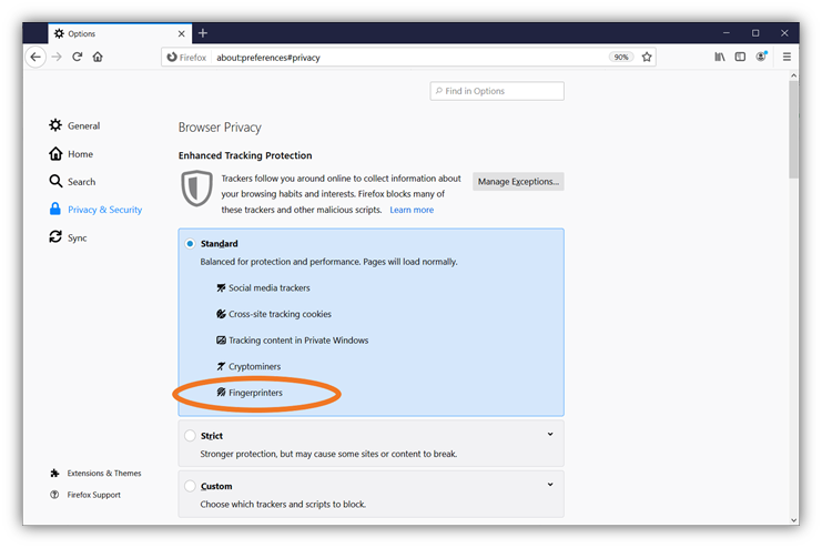 A screenshot of the FireFox browser Privacy settings that shows the tracking protection enabled for browser fingerprinting