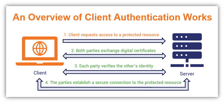 A basic diagram showing a quick overview of how client authentication works and uses a client authentication certificate as part of the process