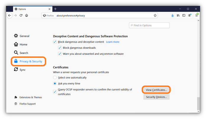 The second of 5 screenshots that shows how to import your client authentication certificate to using Mozilla Firefox.