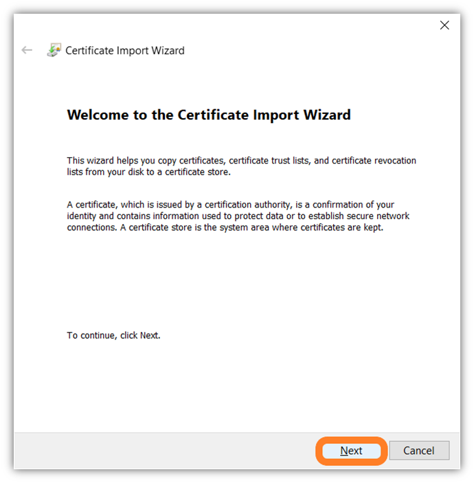 The fifth of 7 screenshots that shows how to import your client authentication certificate in Google Chrome using the certificate important wizard tool.