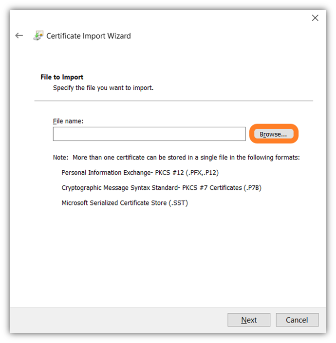 The sixth of 7 screenshots that shows how to import your client authentication certificate in Google Chrome using the certificate important wizard tool.