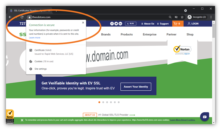 PKI management graphic: A screenshot of TheSSLstore.com website with the browser web address bar's HTTPS padlock security indicator circled in orange