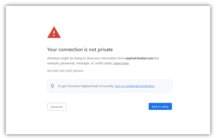 PKI management graphic: A screenshot of the expired SSL certificate error message window that says "your connection is not private"