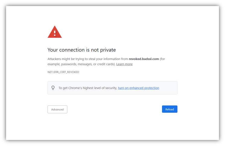 PKI management graphic: A screenshot of the revoked SSL certificate error message that says "your connection is not private"