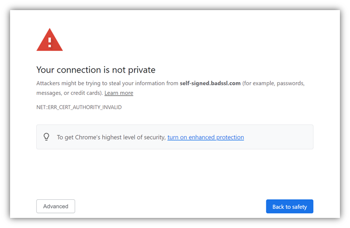 PKI management graphic: A screenshot of the self-signed SSL certificate error message window that says "your connection is not private"