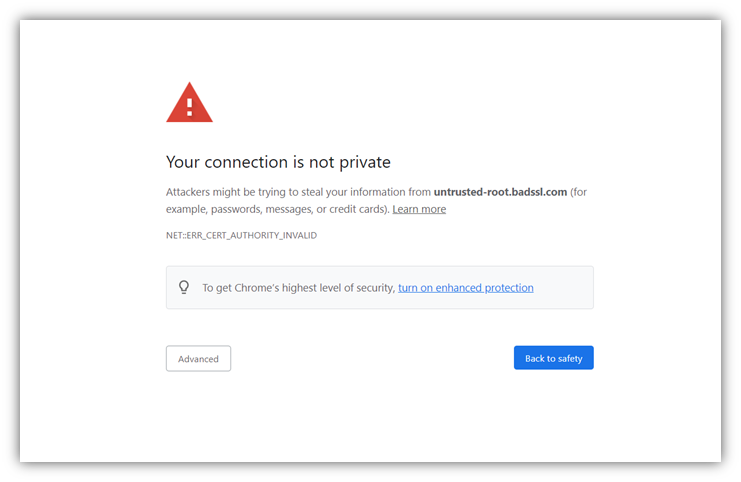 PKI management graphic: A screenshot of the untrusted SSL certificate error message window that says "your connection is not private"