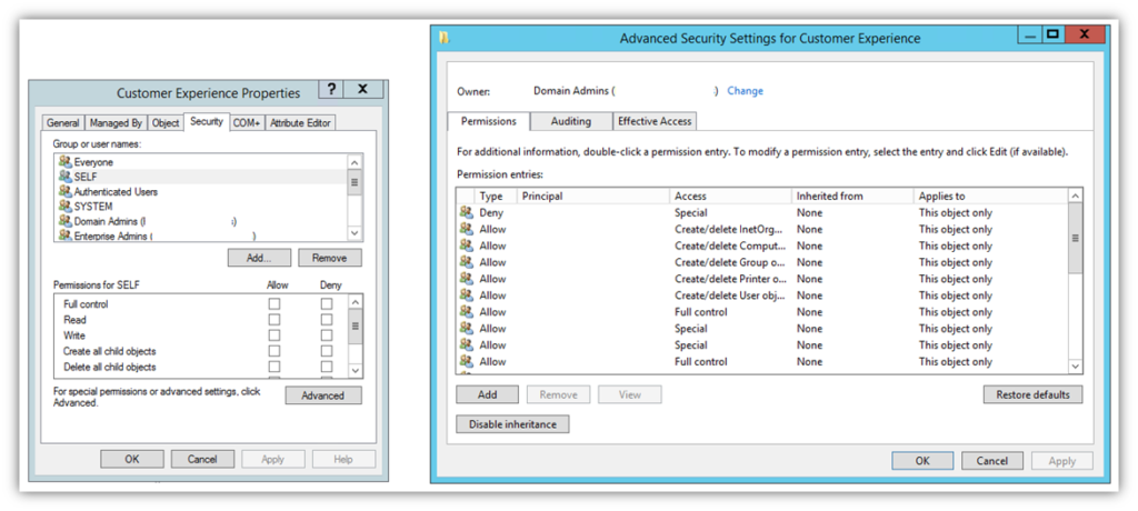 A brute force attack prevention graphic: A screenshot of Active Directory user groups and permissions