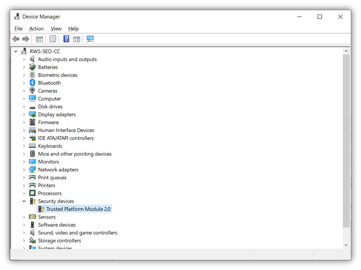 TPM security graphic: A screenshot of the Windows Device Manager displaying a trusted platform module (TPM 2.0)