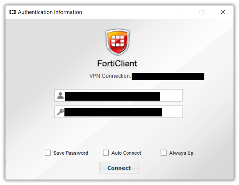 A screenshot of the FortiClient VPN login page