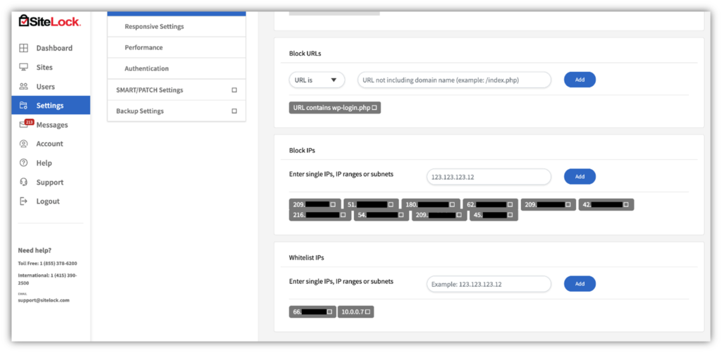 A brute force attack prevention graphic: A SiteLock dashboard screenshot that shows allowlist (whitelist) IP restrictions