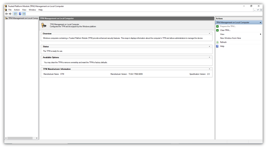 A screenshot of the Windows Trusted Platform Module Console displaying information about a device's TPM