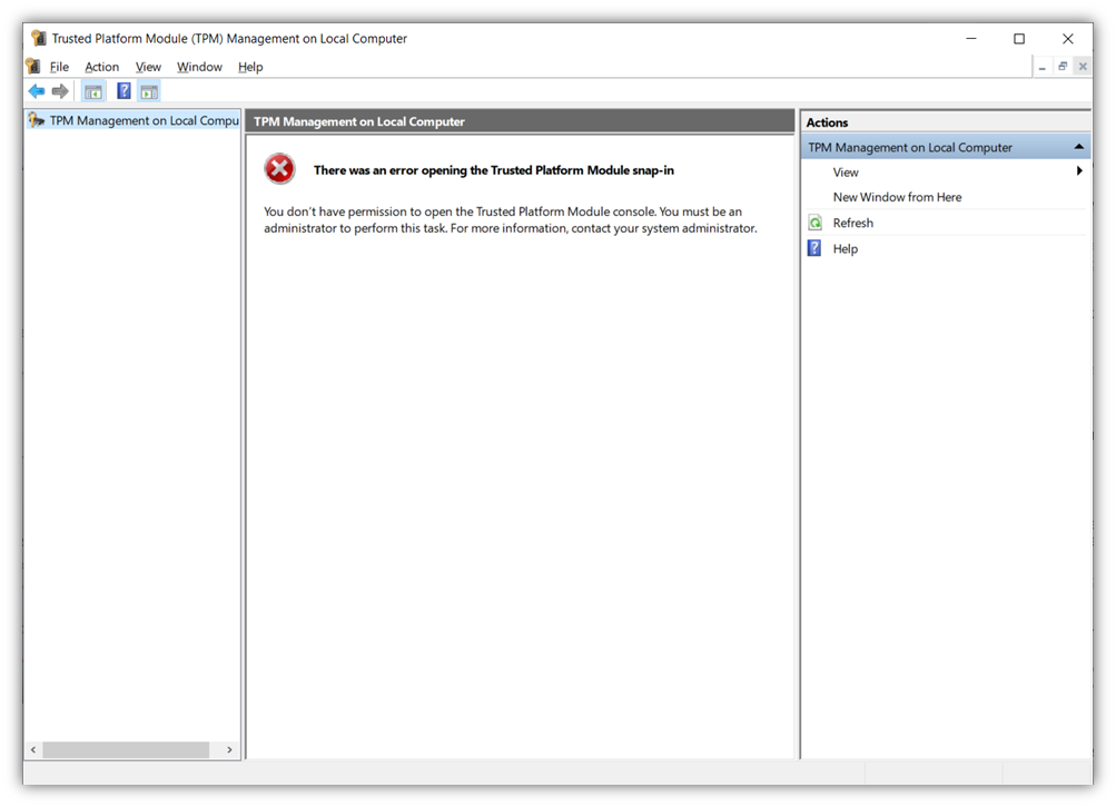 A screenshot of the Windows Trusted Platform Module Console displaying an error due to a lack of administrator access