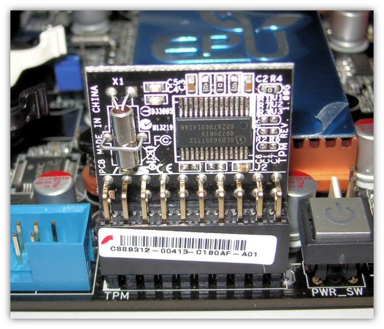 TPM security graphic: A photograph from WikiMedia Commons of a trusted platform module (TPM device)