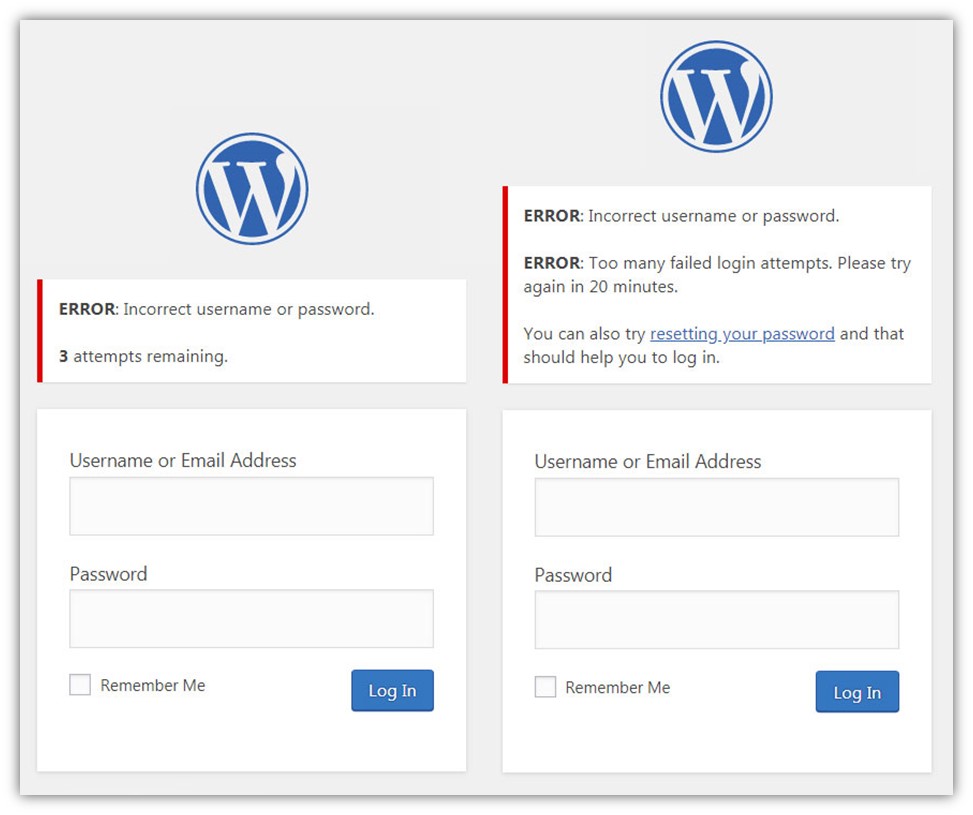 A compilation image of two WordPress.org screenshots that showcase a login attempt limit warning and a failed login attempt notice