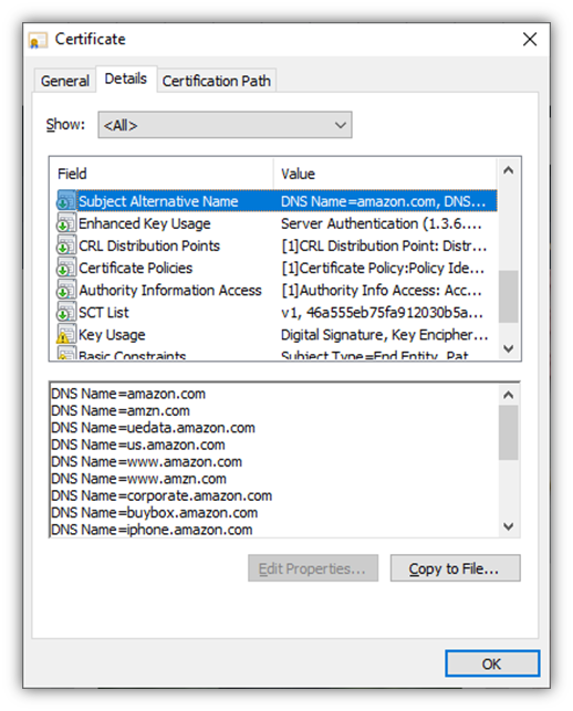 Screenshot of a website's SSL/TLS certificate displaying SAN domains