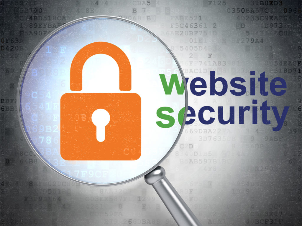 web application security graphic: An image of a padlock icon under a magnifying glass with the words "website security"