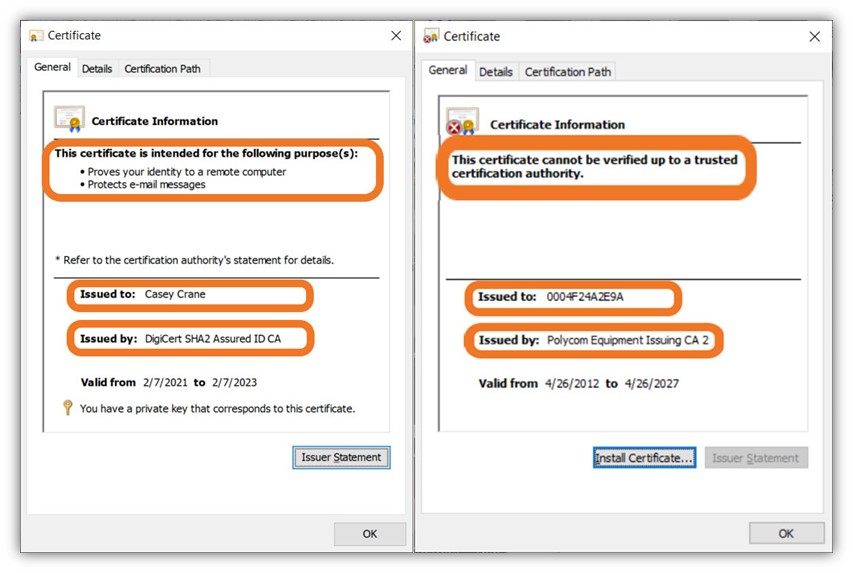 Two screenshots set next to one another to create a side-by-side comparison. The left certificate displays the issuance information of a client certificate while the certificate on the right displays the issuance information for a device certificate. 