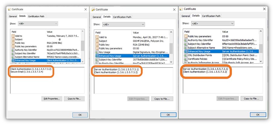 A 3-part comparison graphic showing EKU information for a client authentication certificate (left), device certificate (center), and SSL/TLS certificate (right).