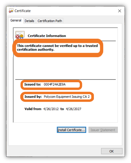 A screenshot of a device certificate's issuance information.